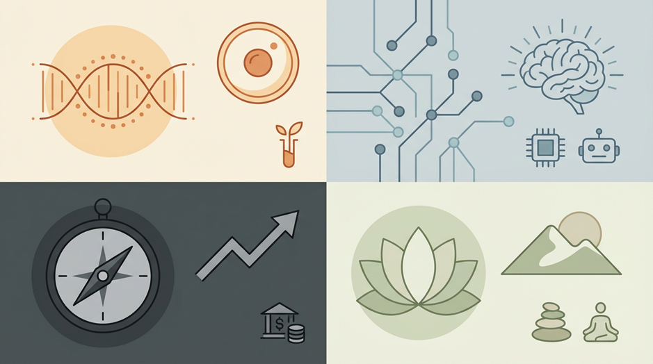 4 θεματικές blog: μακροβιότητα biohacking τεχνολογία AI επιχειρηματικότητα φιλοσοφία