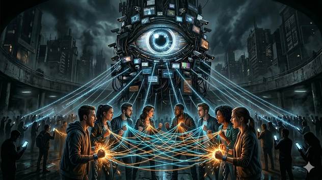 Ψηφιακό Πανοπτικόν — μάτι παρακολούθησης με αλυσίδες φωτός σε πλήθος με κινητά, κάποιοι σπάνε τις αλυσίδες