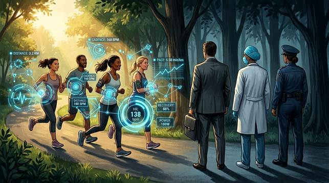 Πολίτες τρέχουν με wearablesκαι βιοδείκτες ενώ γιατρός, στέλεχος πολυεθνικής και αστυνομικός παρατηρούν — αποκέντρωση ελέγχου υγείας