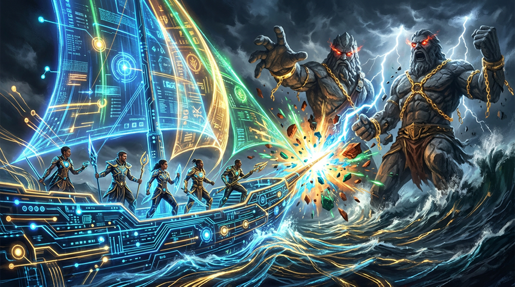 Ψηφιακοί πολεμιστές σε πλοίο τεχνολογίας αντιμετωπίζουν αλυσοδεμένους Τιτάνες — η Τιτανομαχία παλαιού και νέου κόσμου
